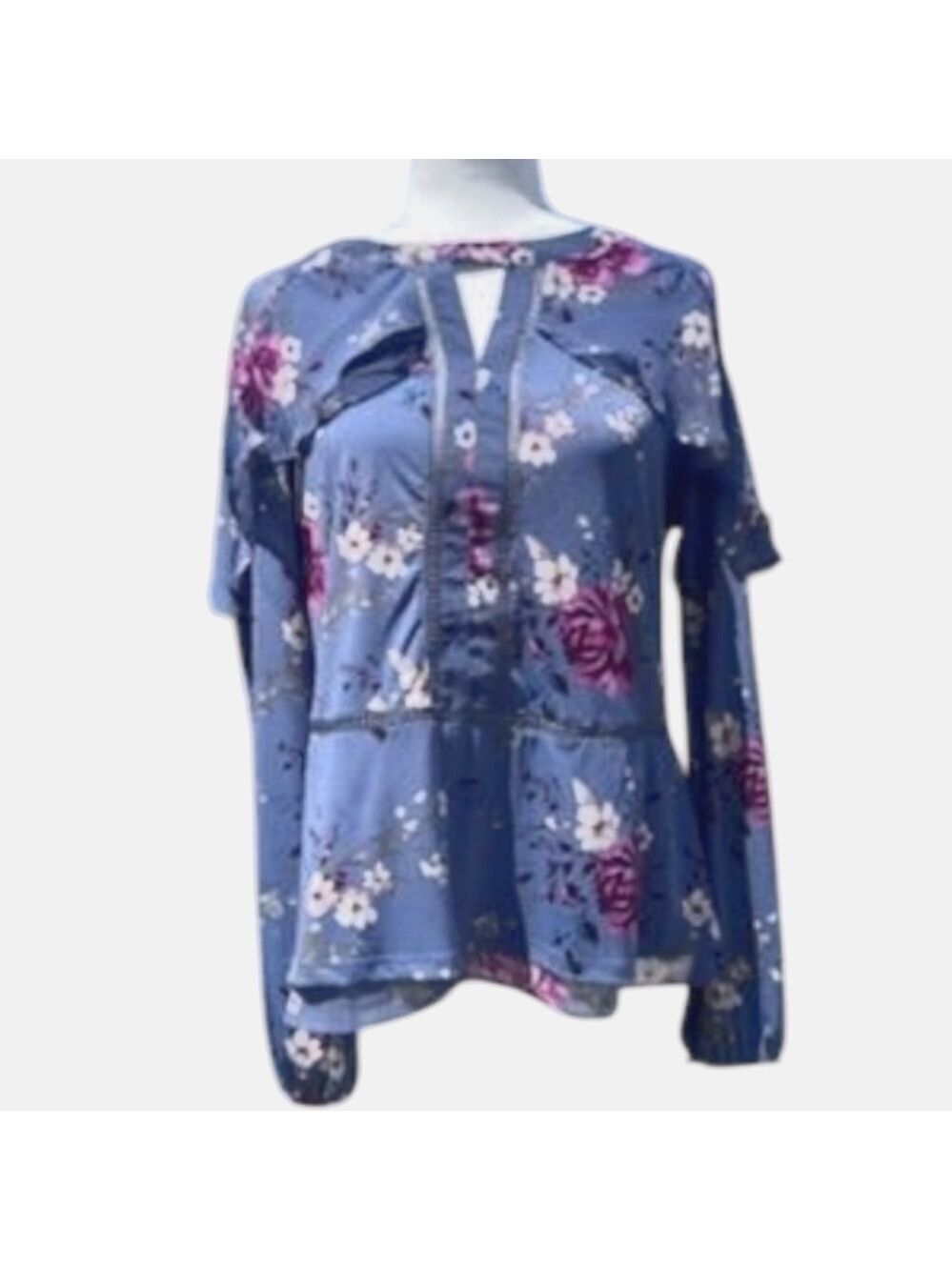 White House Black Market Slate Floral Blouse Long Tiered Sleeves
